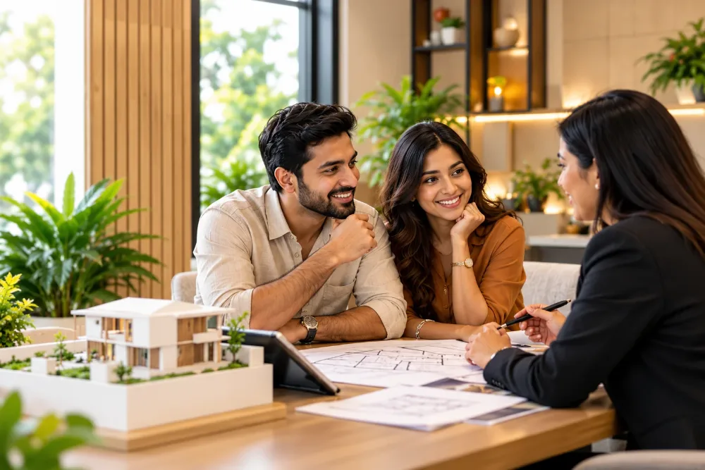 A couple reviewing house plans and a model home with a Hasini Projects advisor
