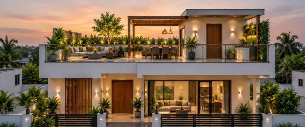 Modern duplex house at dusk with terrace