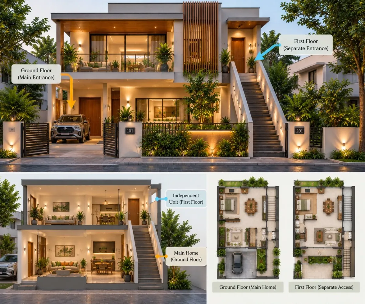 Duplex with a separate external entrance to the upper floor