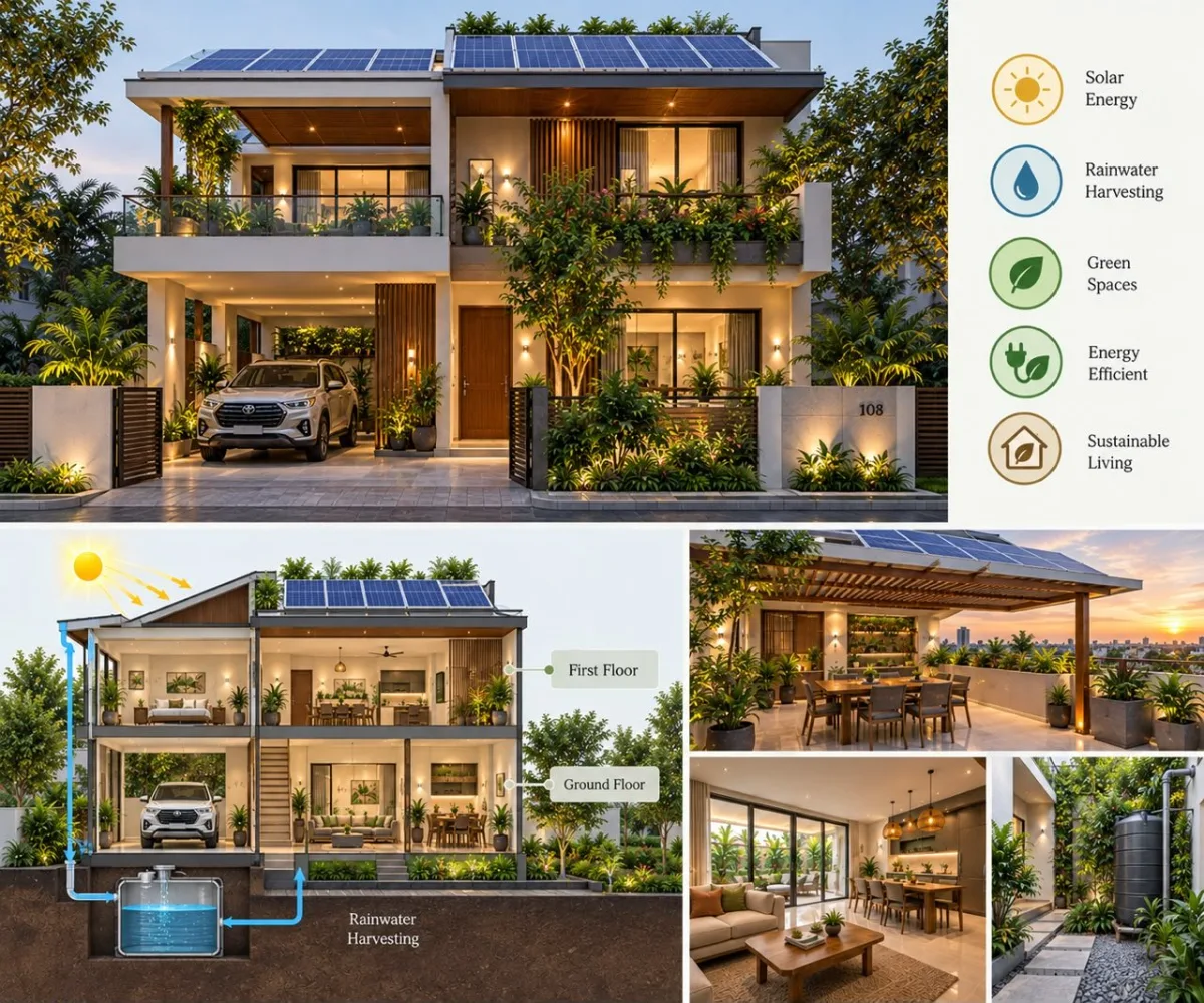 Eco-solar duplex with rooftop solar panels and rainwater harvesting