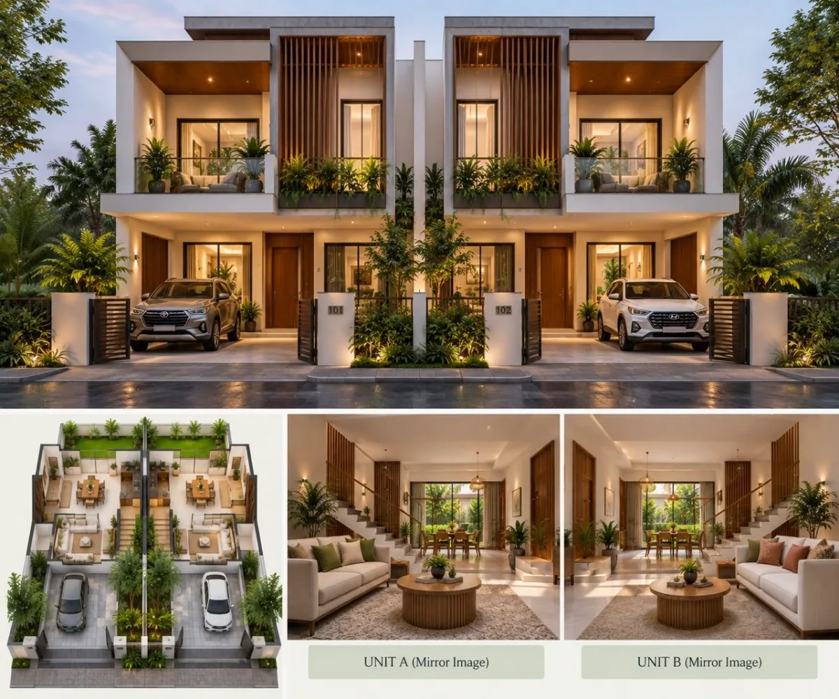 Mirror-image twin duplex units side by side on one plot
