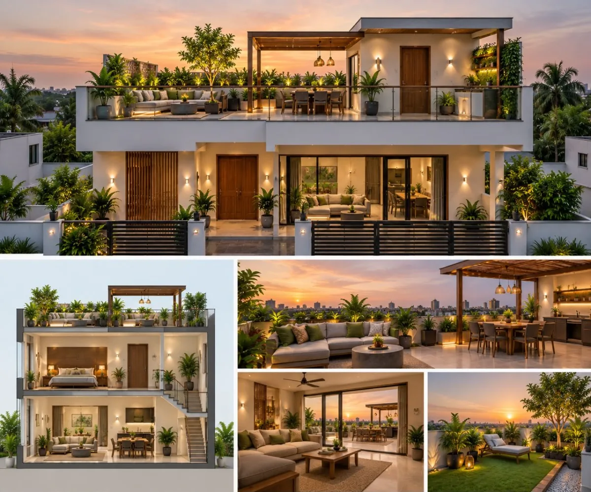 Duplex home with a set-back upper floor and a generous open terrace