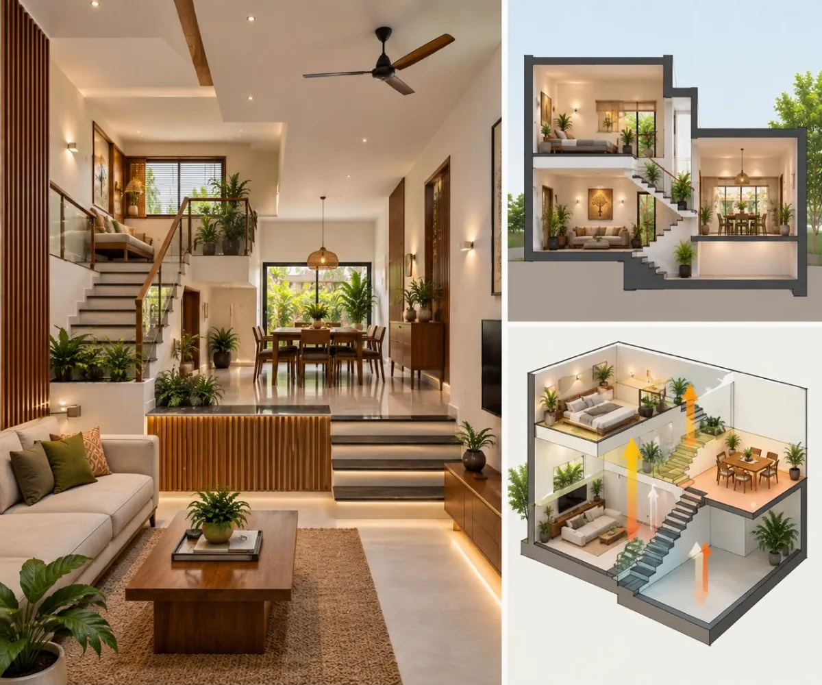 Split-level duplex interior with half-level changes between living and private areas