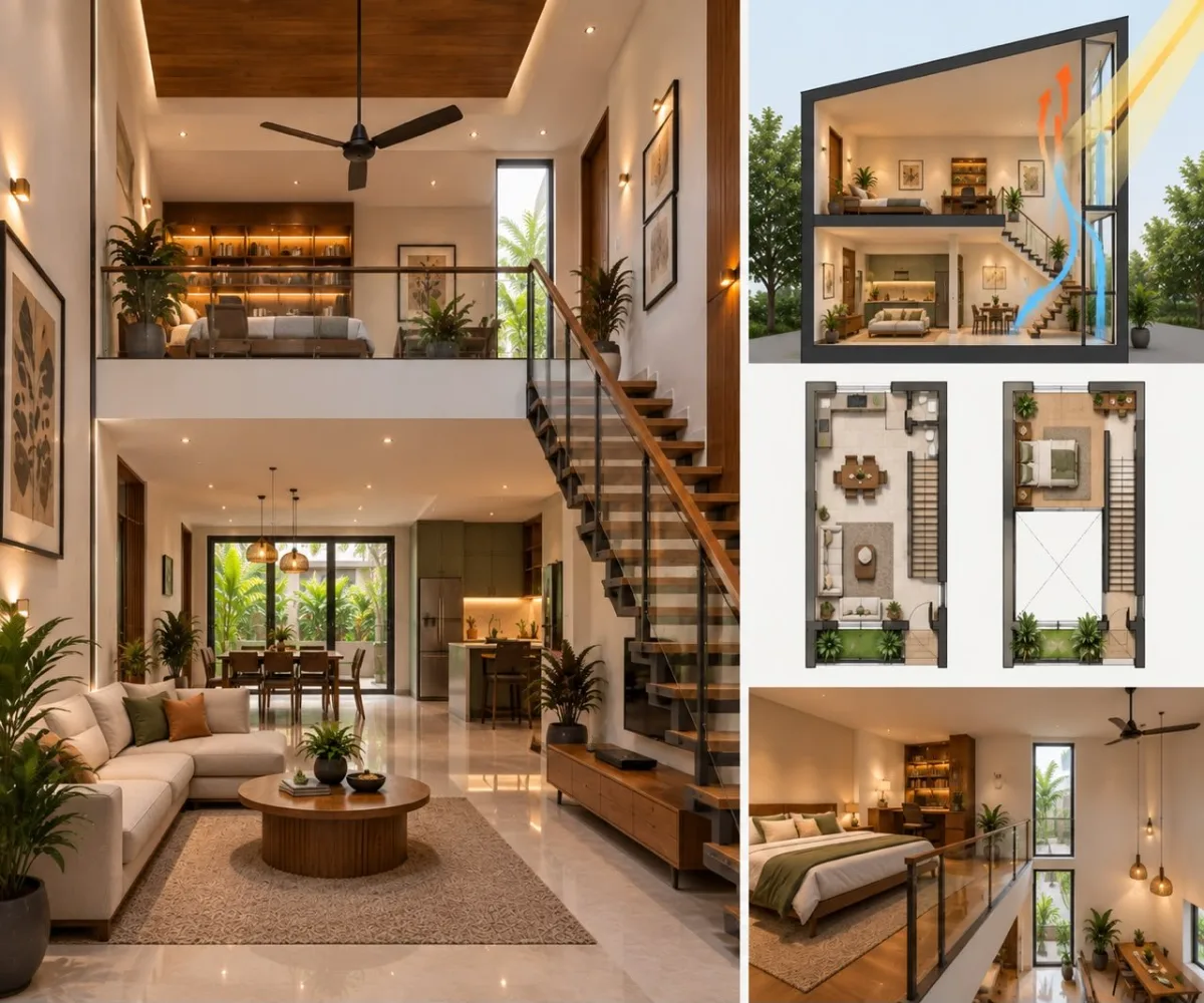 Vertical loft duplex with double-height living room and open staircase