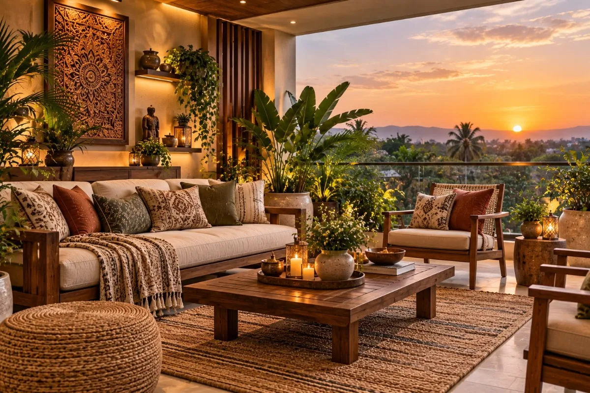 Contemporary sofa with antique rug and traditional artwork at sunset