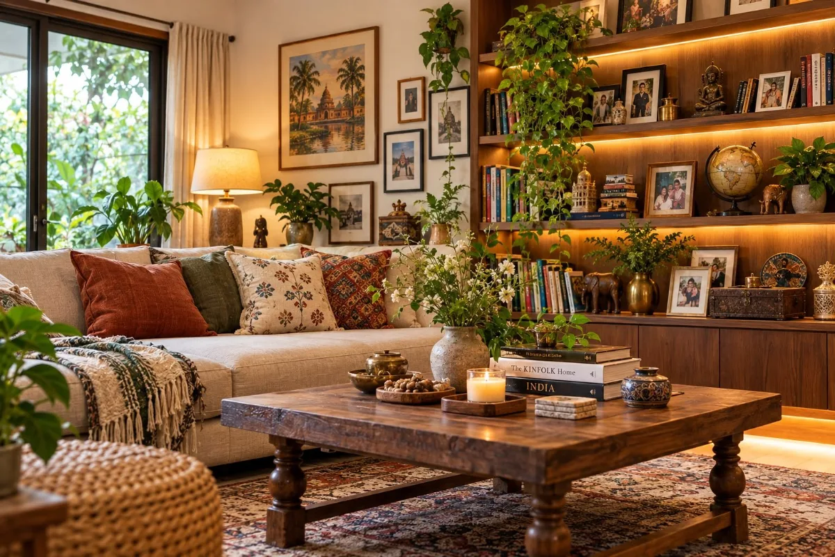 Living room with books, travel souvenirs, photographs and artwork on display
