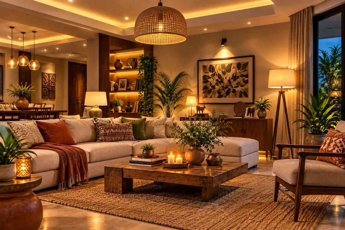 Living room lit by pendant lights, lamps and concealed lighting