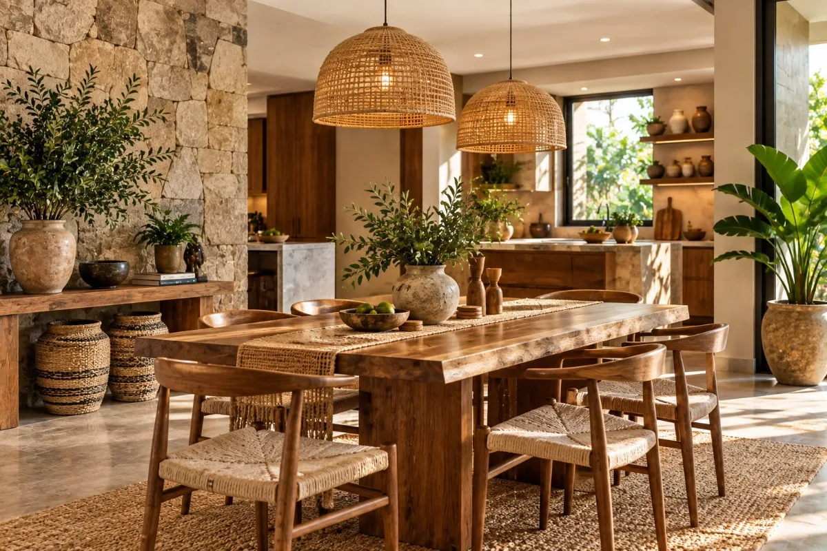 Dining space with natural stone, timber and woven textures