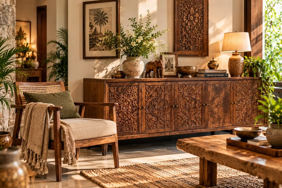 Handcrafted carved wooden cabinet and chair in a warm interior