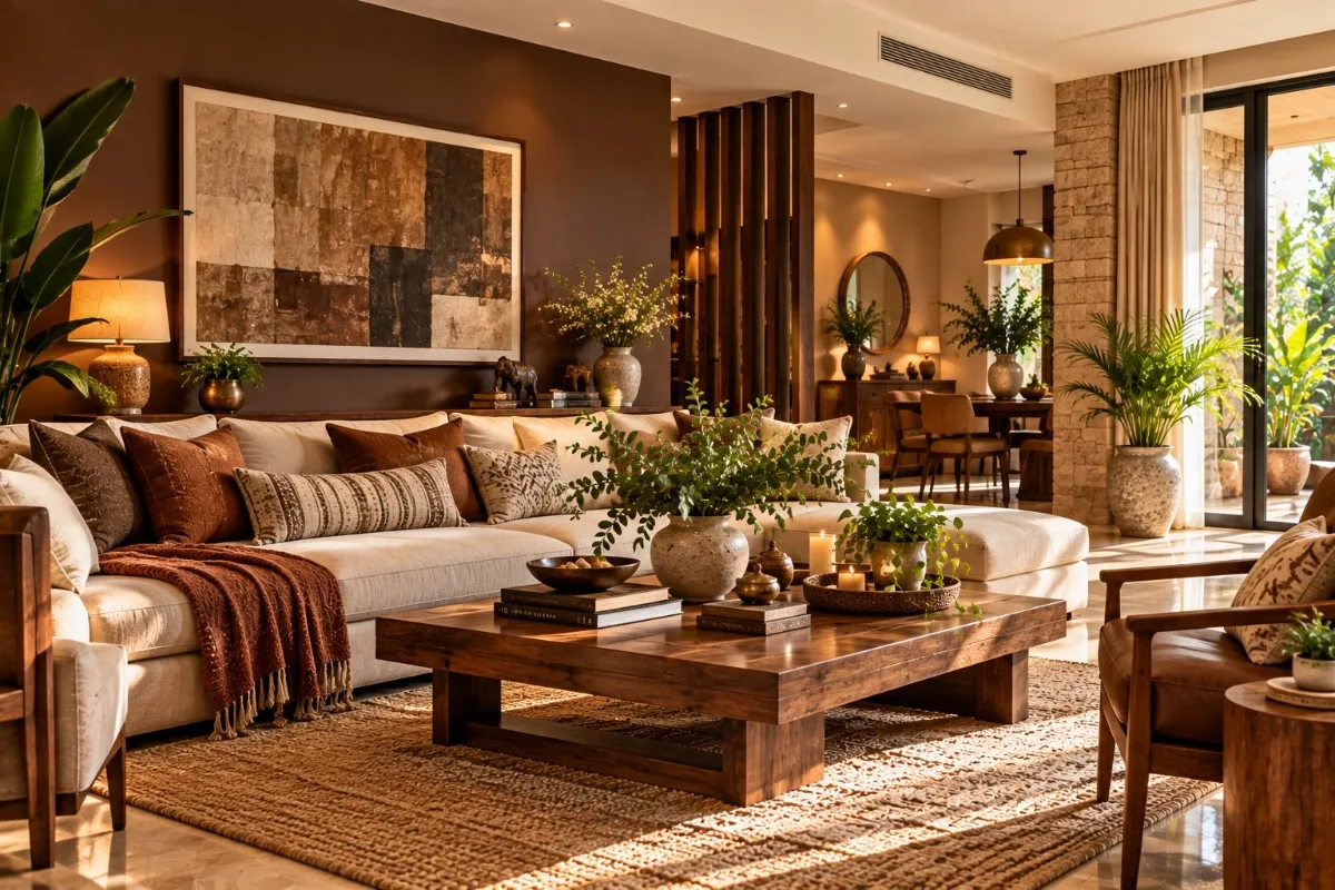 Living room with deep chocolate and walnut brown tones