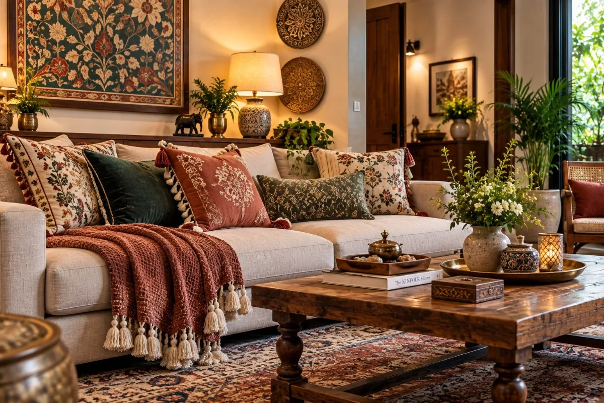 Sofa with fringed cushions, tassels and handcrafted textiles