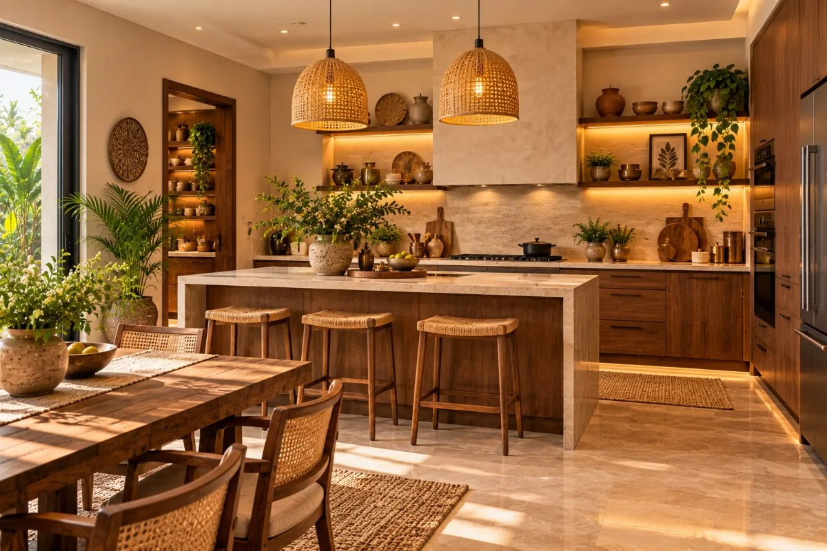 Kitchen with muted terracotta, olive and clay tones