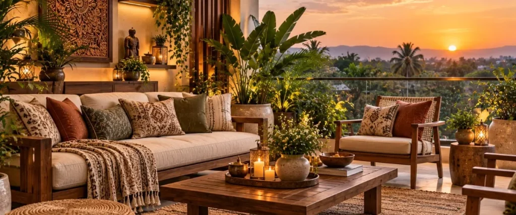 Warm modern living room at sunset