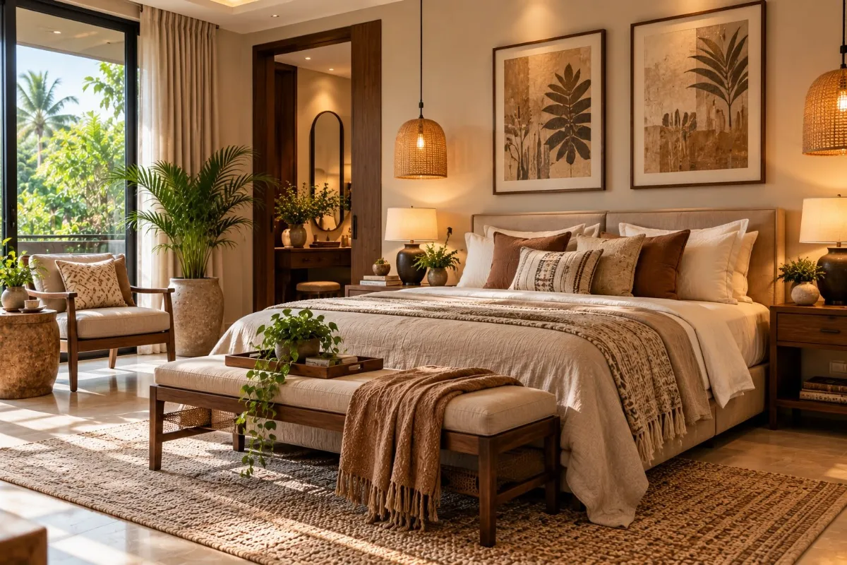 Bedroom in cream, beige and sand tones with layered textures