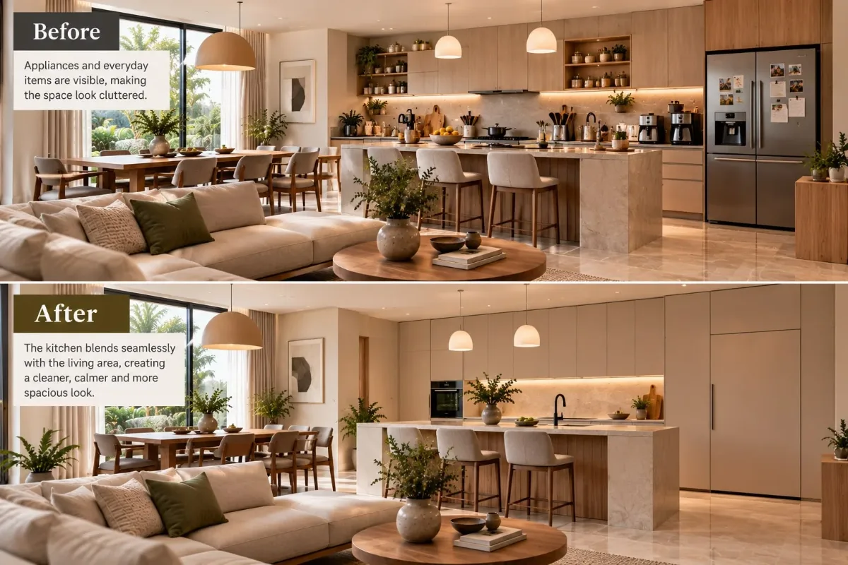 Before and after comparison of a cluttered open-plan kitchen and a clean invisible kitchen