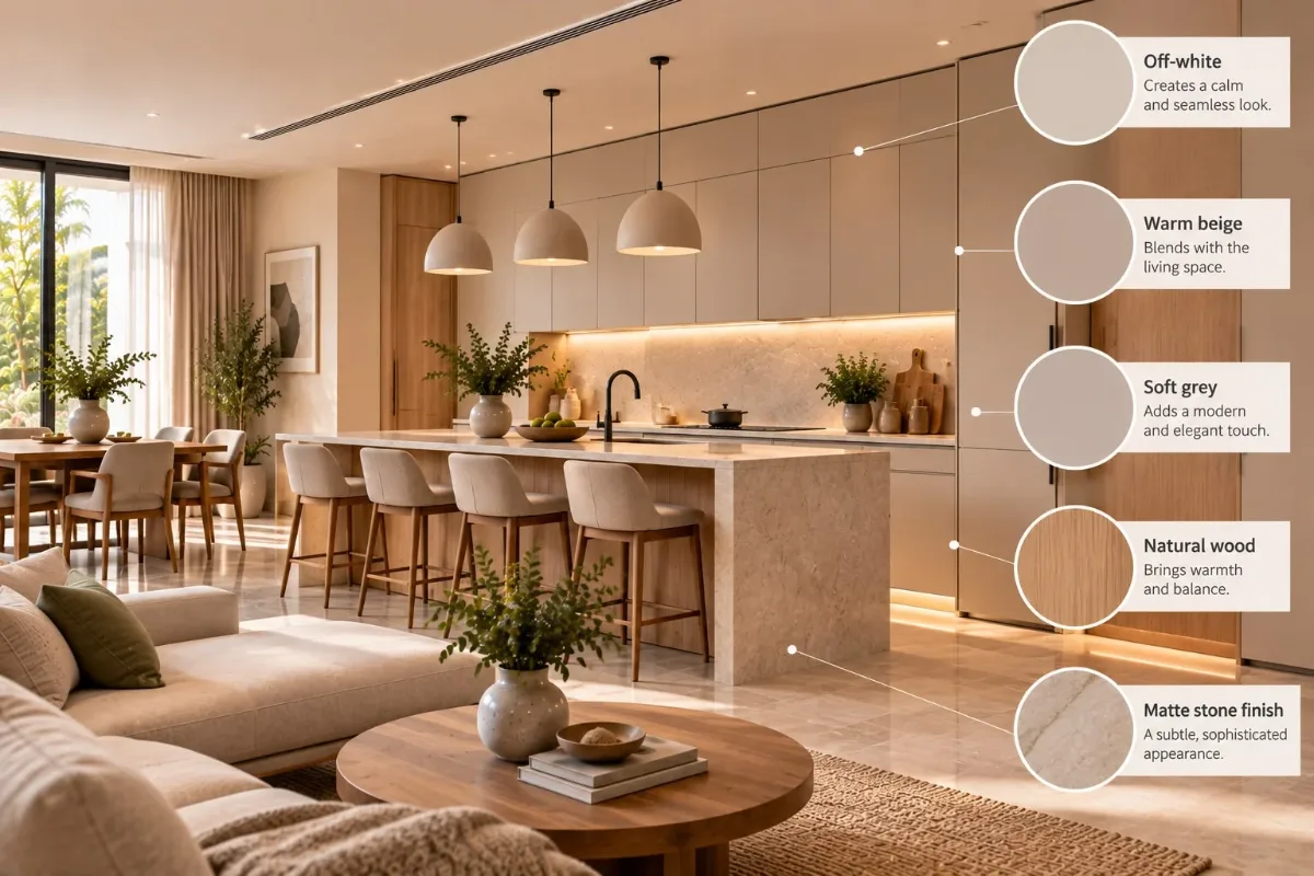 Open-plan kitchen in off-white, beige, grey and taupe with a colour palette guide