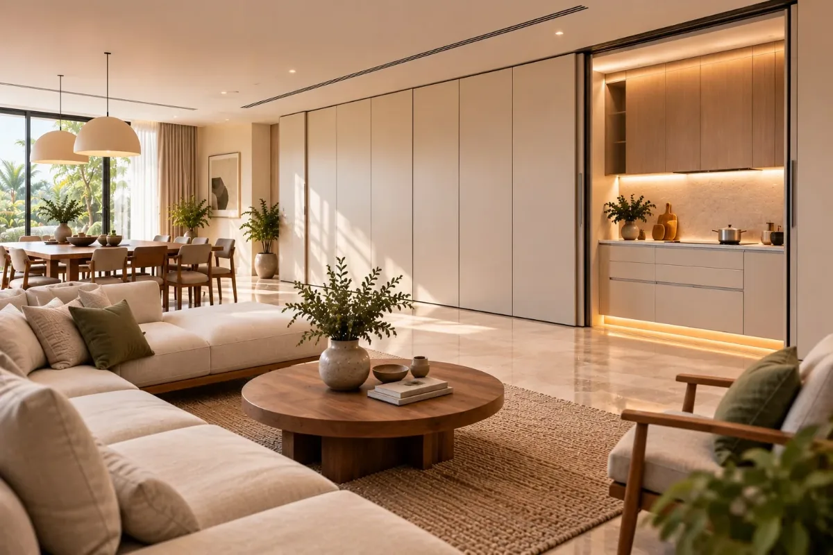 Open-plan living space with a seamless cabinet wall and a softly lit concealed niche