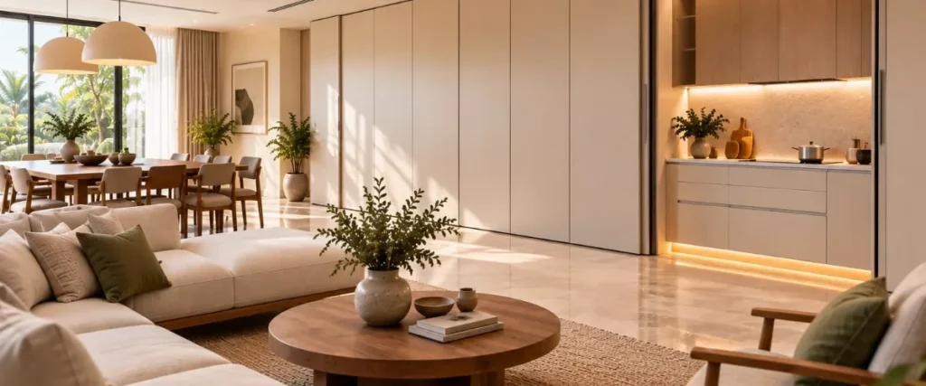 Open-plan living area with an invisible kitchen wall