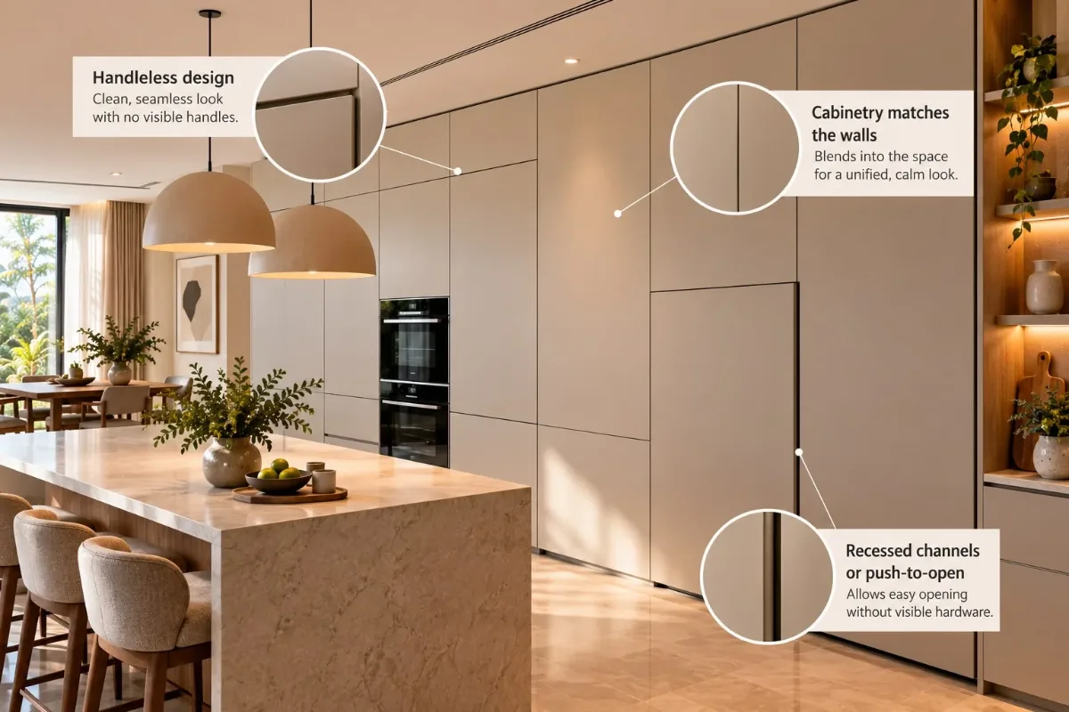 Handleless cabinetry in a neutral finish forming a continuous kitchen wall