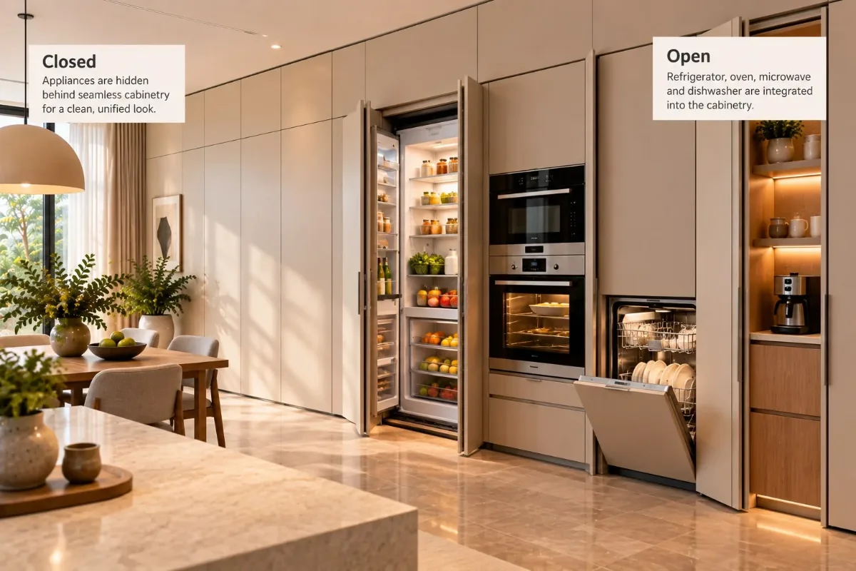 Refrigerator and oven integrated into cabinetry with a matching finish