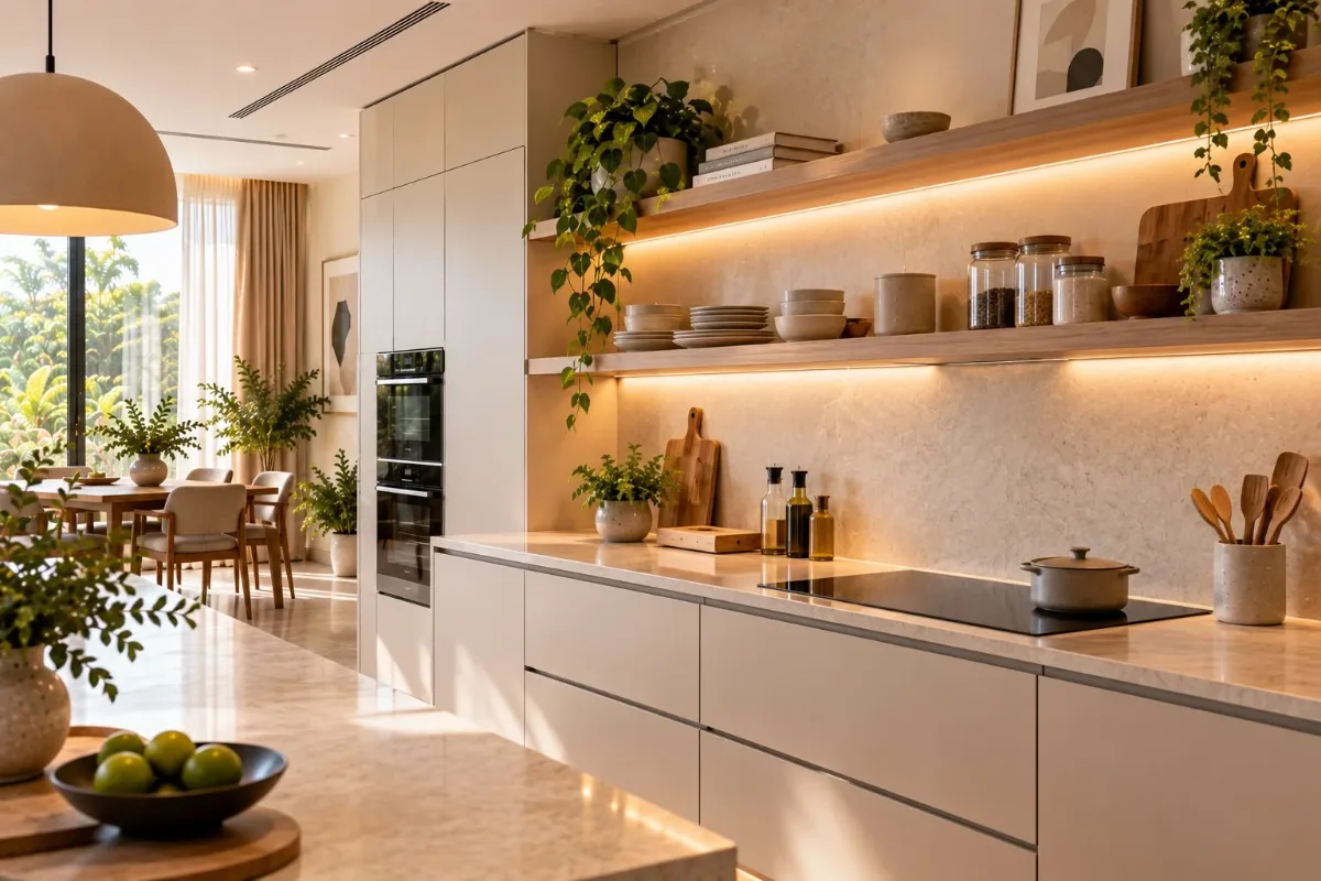 Minimal open shelving with a plant and a few ceramic pieces above a clean worktop