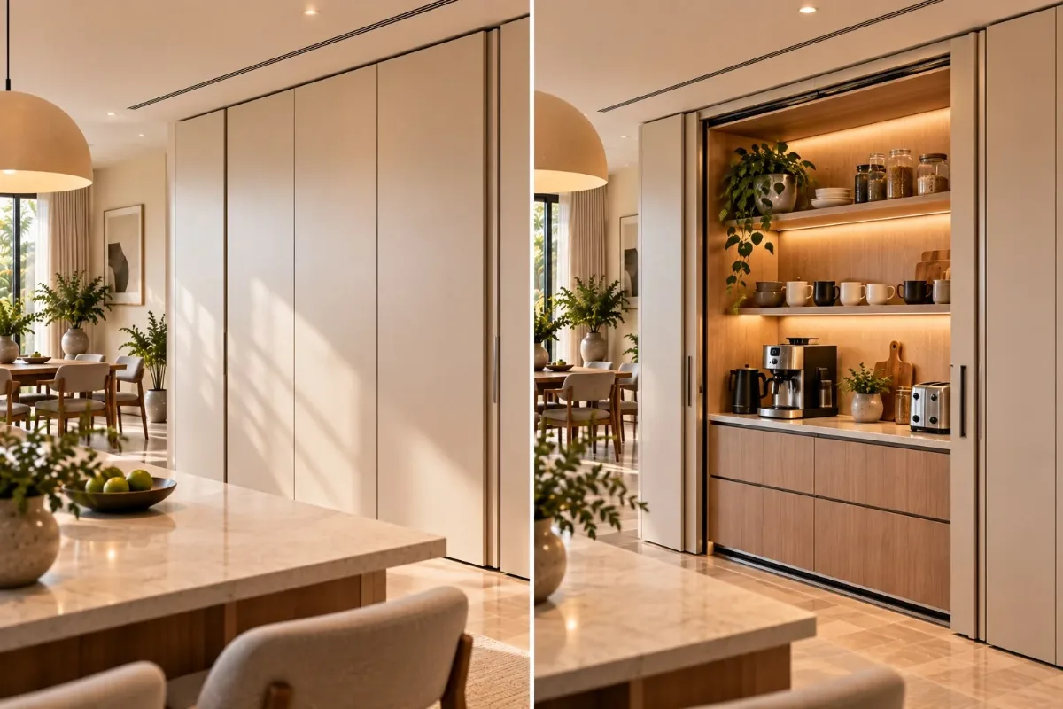 Pocket doors closed and open, revealing a coffee station