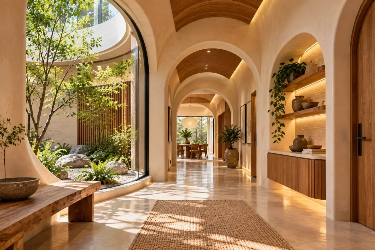 Curved arched corridor with warm timber niches in a Japandi home
