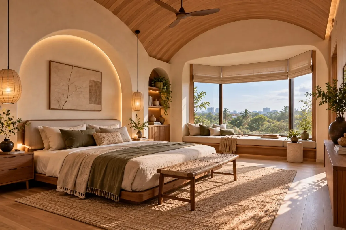 Japandi bedroom with vaulted ceiling and bay-window seating