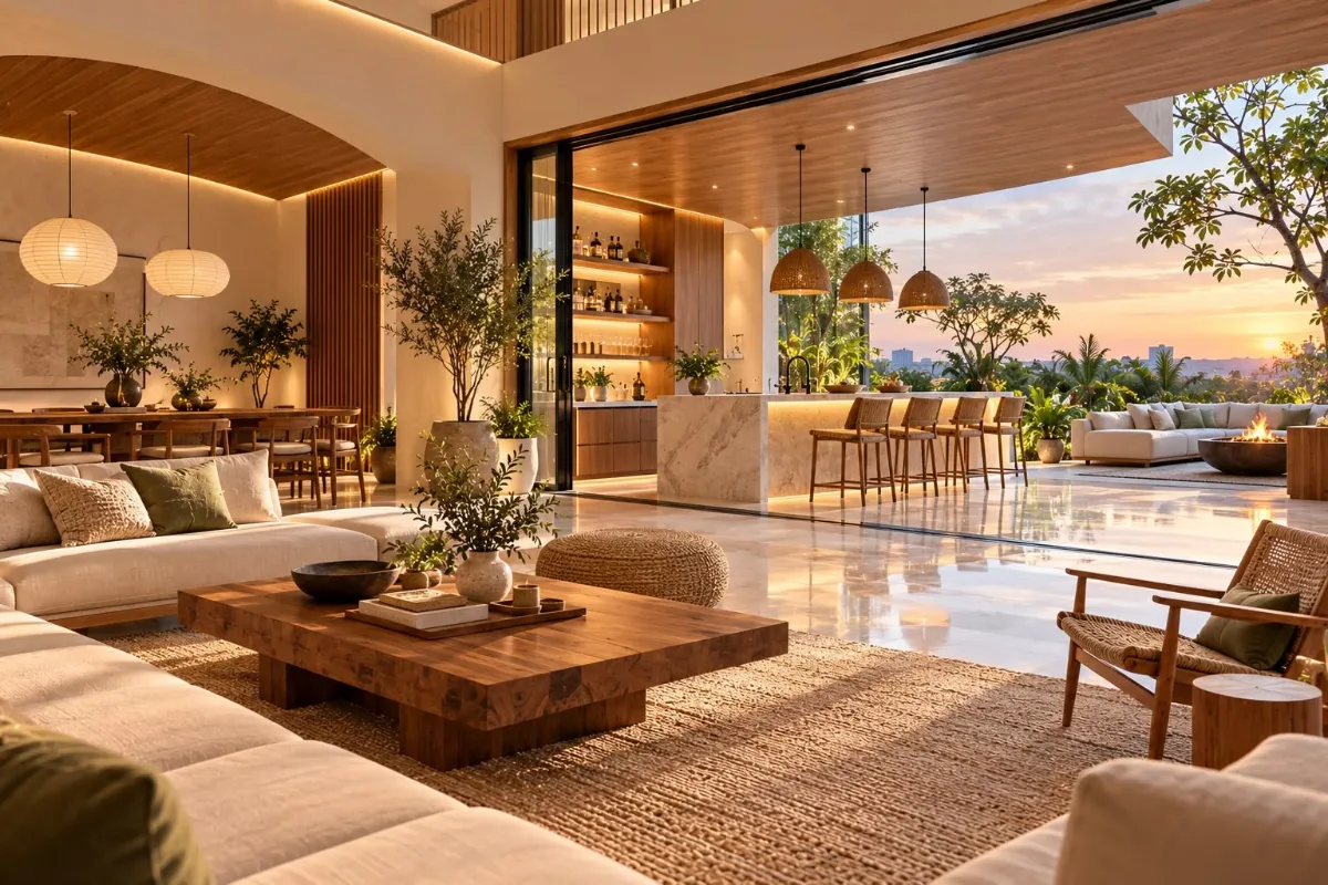 Open living area with marble flooring and outdoor bar at sunset