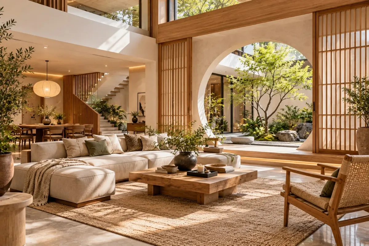 Japandi living room with a low sofa, timber coffee table and a circular opening onto a courtyard
