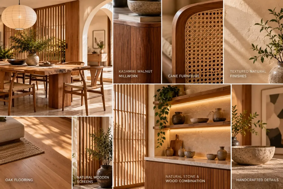 Oak flooring, cane furniture, woven screens and walnut millwork in a Japandi interior