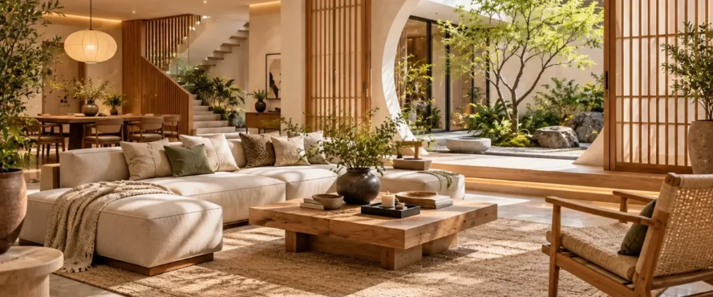 Japandi living space with soft curved walls and natural timber