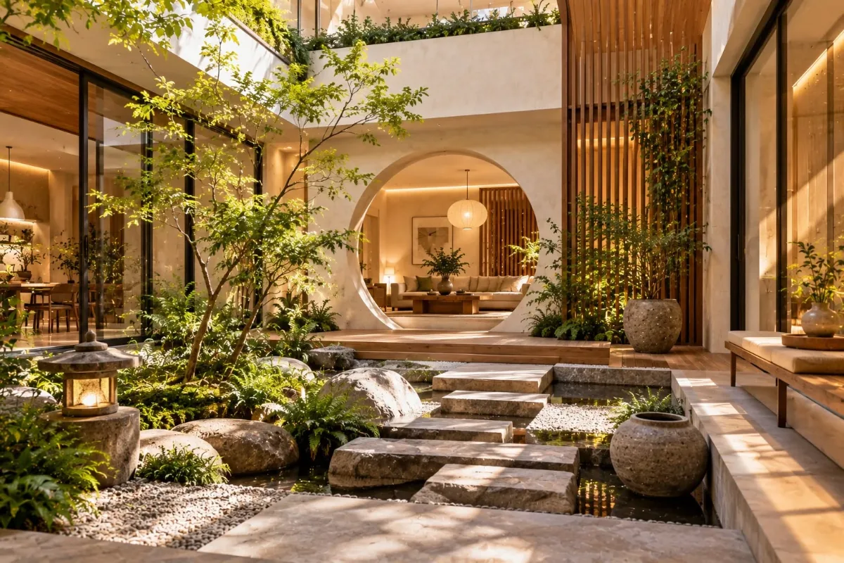 Zen-inspired courtyard with stepping stones, greenery and a round wall opening
