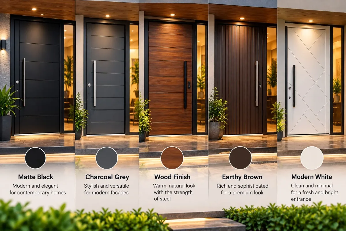 Steel door colour options: matte black, charcoal grey, wood finish, deep brown and modern white