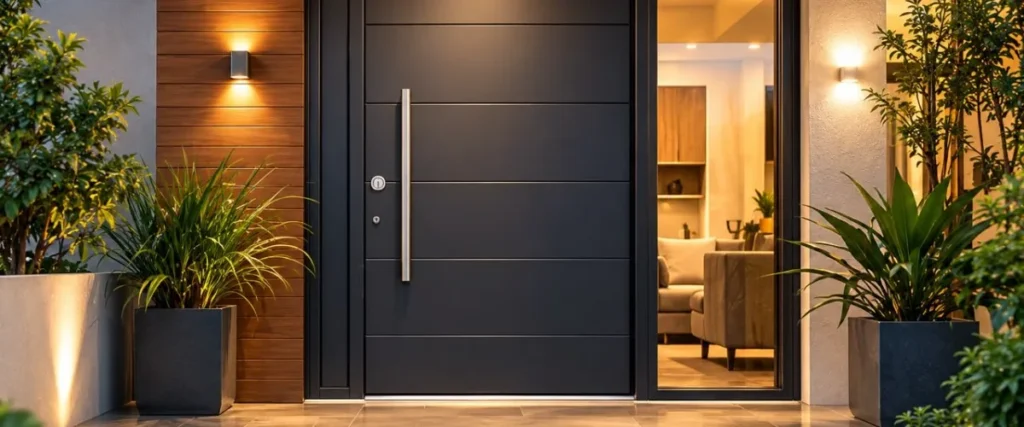 Modern steel entrance door at dusk