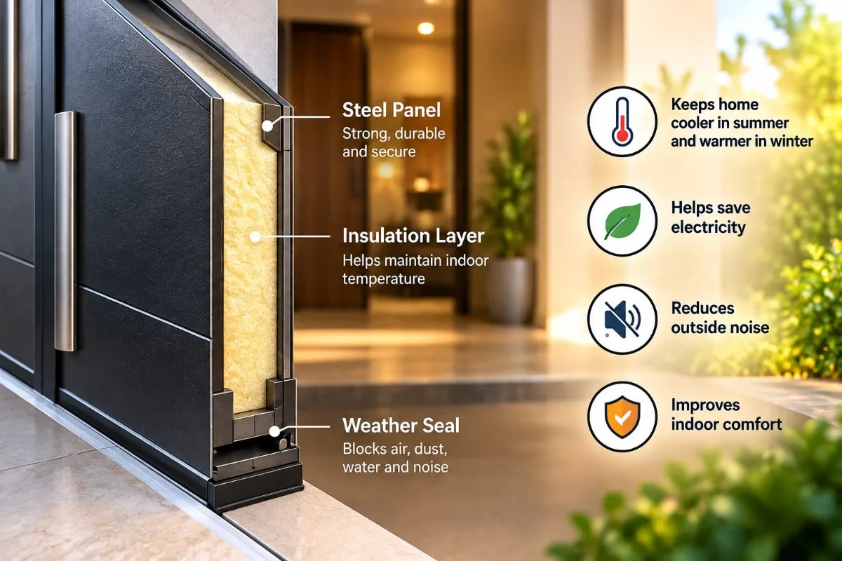Insulated steel door panel with weather seal for comfort and energy savings
