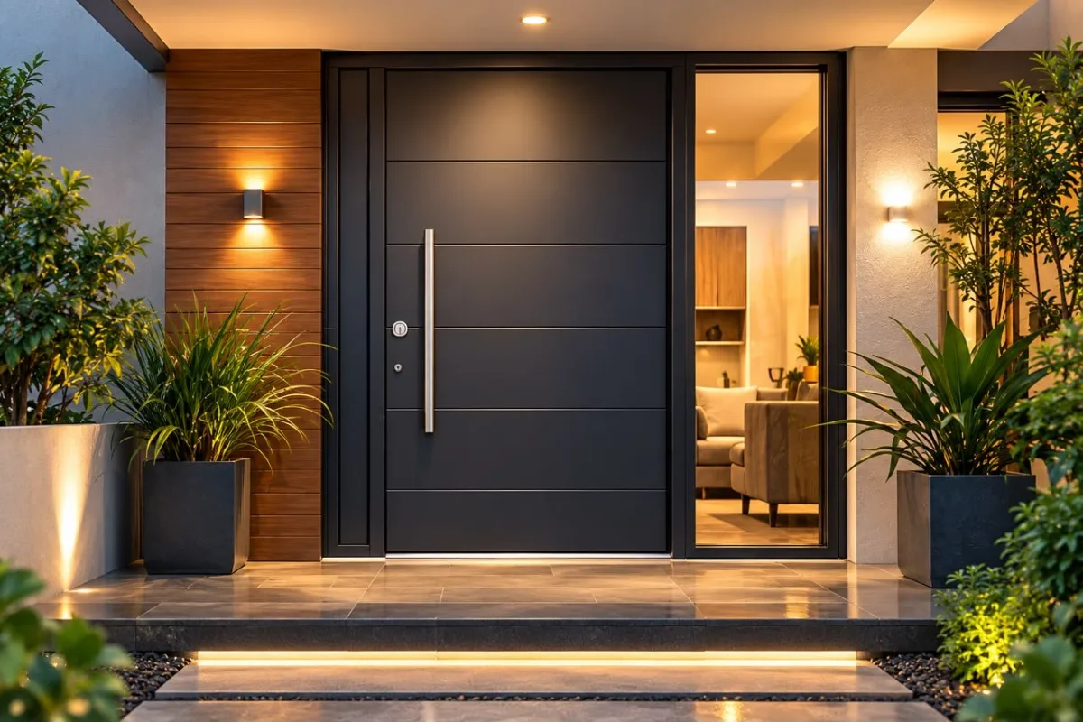 Sleek minimalist steel entrance door in matte black with wood accents