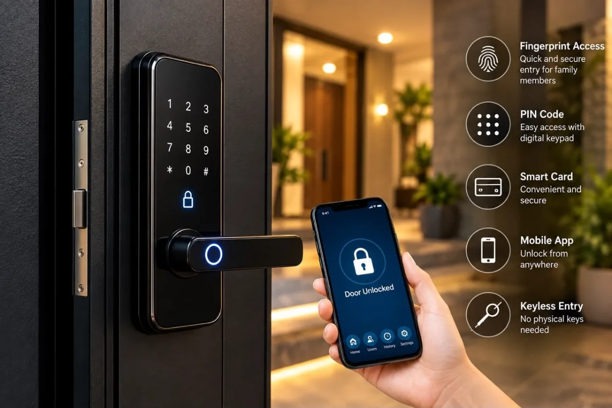 Smart digital lock on a steel door with mobile app access